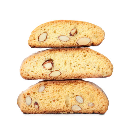Slices of tasty cantucci on white background. Traditional Italian almond biscuitsの写真素材