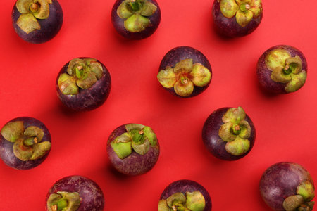Fresh ripe mangosteen fruits on red background, flat layの写真素材