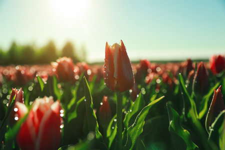 Blossoming tulips with dew drops in field on spring day, closeupの写真素材