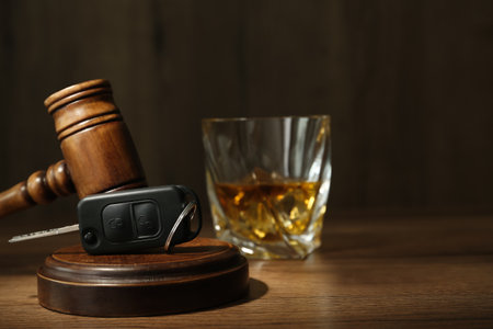 Car key, gavel near glass of alcohol on wooden table, space for text. Dangerous drinking and drivingの写真素材