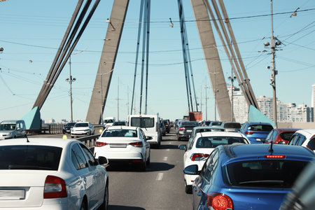 Cars in traffic jam on city streetの写真素材