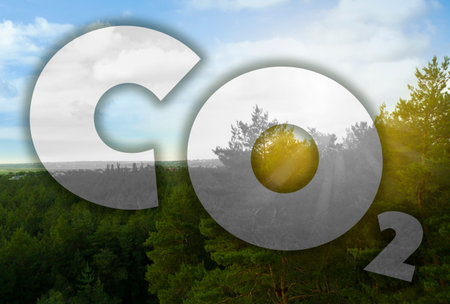 Concept of clear air. CO2 inscription and beautiful forest on backgroundの写真素材