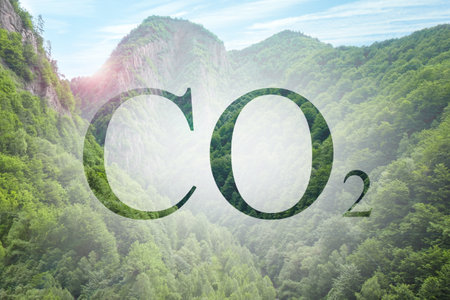 Concept of clear air. CO2 inscription and beautiful mountain landscapeの写真素材