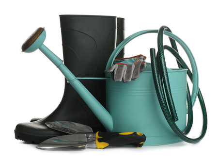 Different modern gardening tools on white backgroundの写真素材