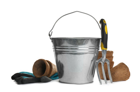 Different modern gardening tools on white backgroundの写真素材