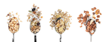 Set with different delicious granola on white background, top view. banner designの写真素材