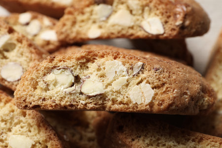 Tasty cantucci on table, closeup view. Traditional Italian almond biscuitsの写真素材