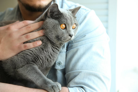 Man with cute cat on blurred background, closeupの写真素材