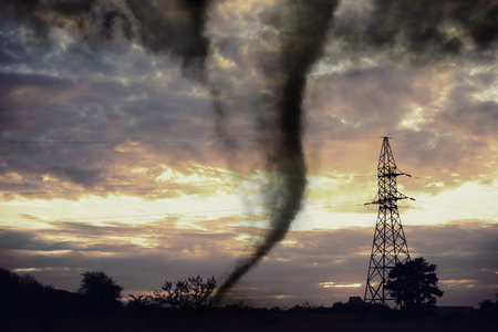 Dangerous whirlwind near transmission tower at field. weather phenomenonの写真素材