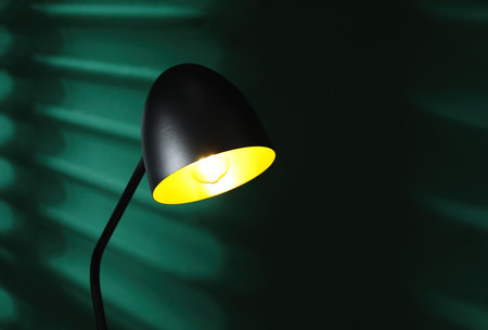 Stylish black lamp near green wall indoors, space for textの写真素材