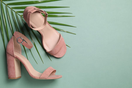 Pair of stylish high heeled shoes and palm branch on green background, flat lay. Space for textの写真素材