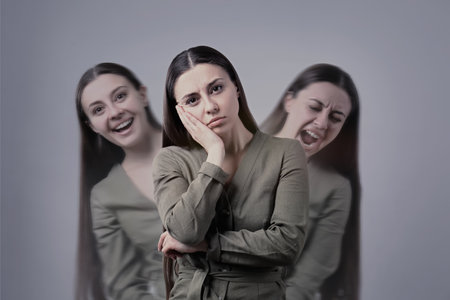 Woman with personality disorder on light background, multiple exposureの写真素材