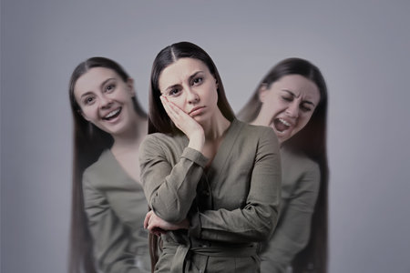 Woman with personality disorder on light background, multiple exposureの素材 [FY310202541774]