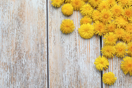 Beautiful yellow dandelions on light wooden table, flat lay. Space for textの写真素材