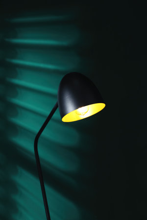 Stylish black lamp near green wall indoorsの写真素材