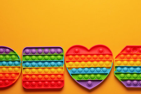 Rainbow  fidget toys on orange background, flat lay. Space for textの写真素材