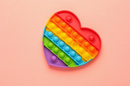 Heart shaped rainbow pop it fidget toy on pink background, top viewの写真素材