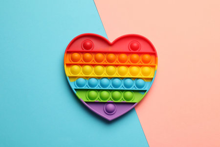 Heart shaped rainbow pop it fidget toy on color background, top viewの写真素材