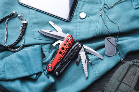 Flat lay composition with compact portable multitool and accessories on tableの写真素材