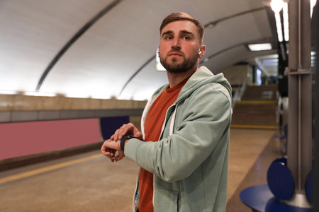 Young man with earphones waiting for train at subway station. public transport