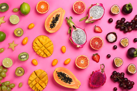 Many different delicious exotic fruits on pink background, flat layの写真素材
