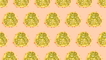 Cut exotic kiwano fruits on beige background, flat lay. banner designの写真素材