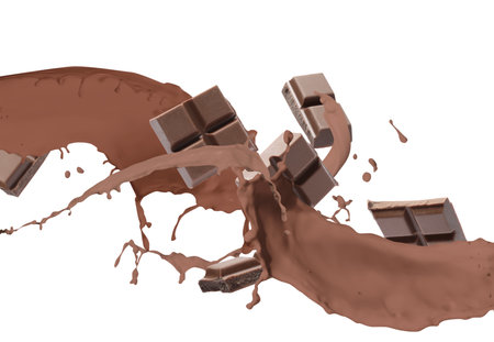 Choco bars and splashes of delicious chocolate milk on white backgroundの写真素材