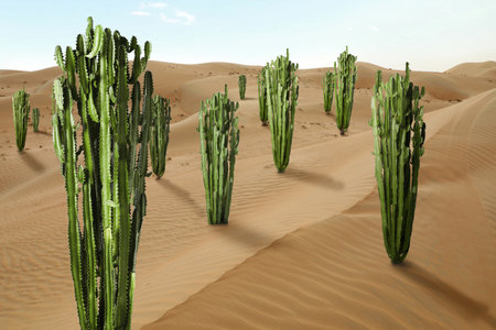 Beautiful cacti growing in sandy desert on hot dayの写真素材