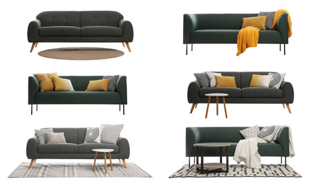 Set with different stylish sofas on white backgroundの写真素材