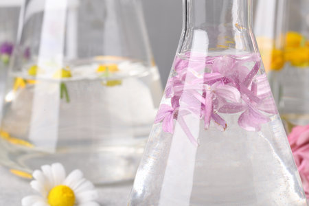 Flask with lilac flowers, closeup. essential oil extractionの写真素材