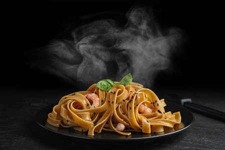 Tasty buckwheat noodles with shrimps on black tableの写真素材