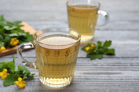 Glass cup of aromatic celandine tea and flowers on gray wooden table, closeupの写真素材