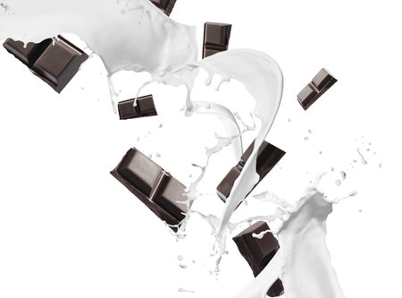 Delicious chocolate and splashes of milk on white backgroundの写真素材
