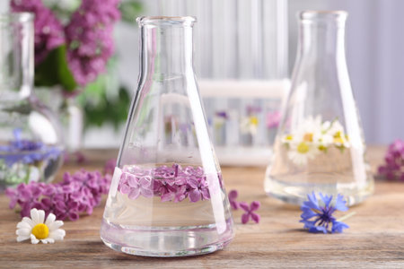 Flask with lilac flowers on wooden table, space for text. essential oil extractionの写真素材
