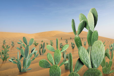Beautiful cacti growing in sandy desert on hot dayの写真素材