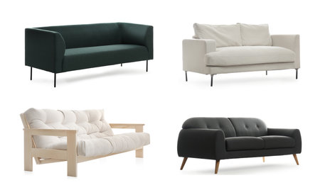 Set with different stylish sofas on white backgroundの写真素材