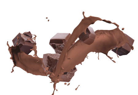 Choco bars and splashes of delicious chocolate milk on white backgroundの写真素材