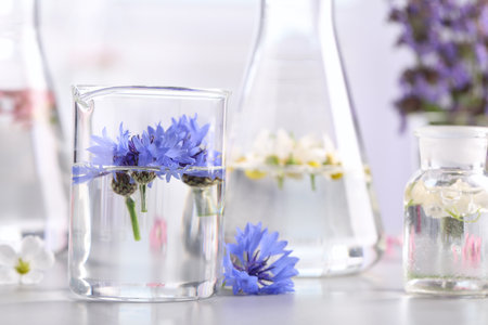 Laboratory glassware with different flowers on light table. essential oil extractionの写真素材