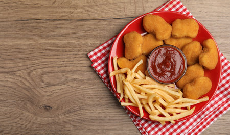 Tasty chicken nuggets and French fries served with ketchup on wooden table, top view. Space for textの写真素材