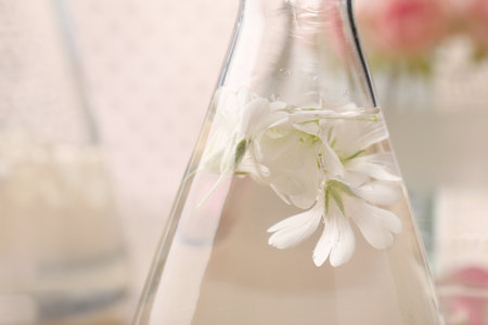 Flask with ornithogalum flowers on blurred background, closeup. essential oil extractionの写真素材