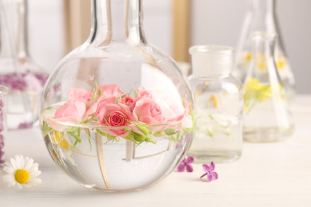Laboratory glassware with flowers, focus on flask. Extracting essential oils for perfumery and cosmeticsの写真素材