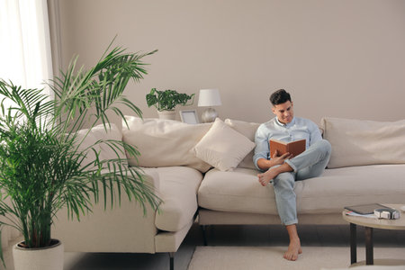 Man reading book on sofa in living roomの写真素材