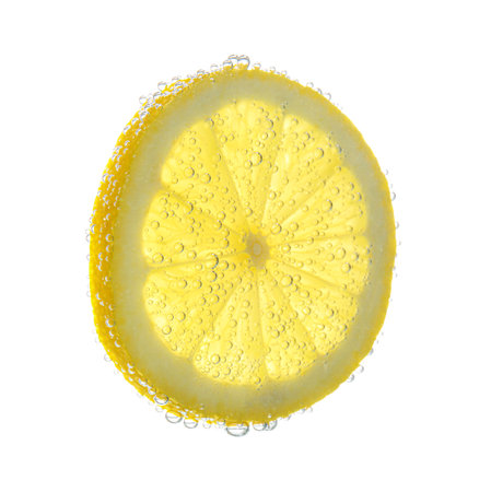 Slice of lemon in sparkling water on white background. Citrus sodaの写真素材