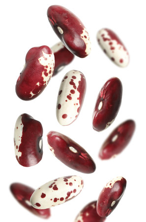 Many beans falling on white background, vertical banner design. Vegan diet