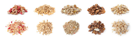 Set with different delicious granola on white background. banner designの写真素材