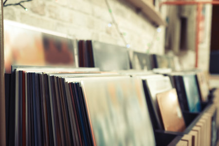 Many different vinyl records in storeの写真素材