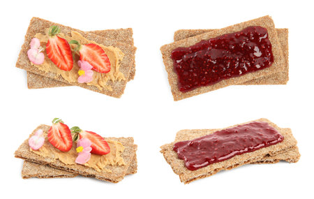 Fresh rye crispbreads with different toppings on white background, collageの写真素材