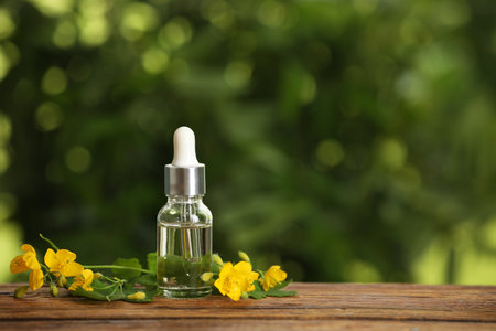 Bottle of natural celandine oil near flowers on wooden table outdoors, space for textの写真素材