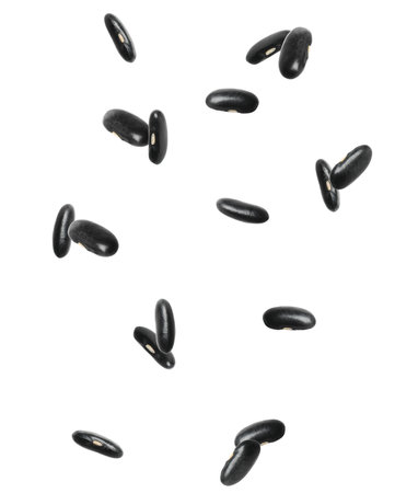 Many black beans falling on white background. Vegan dietの写真素材