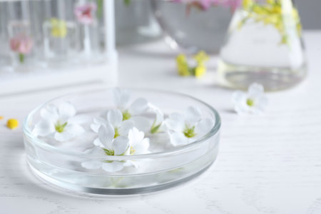 Petri dish with flowers on white wooden table. Extracting essential oils for perfumery and cosmeticsの写真素材